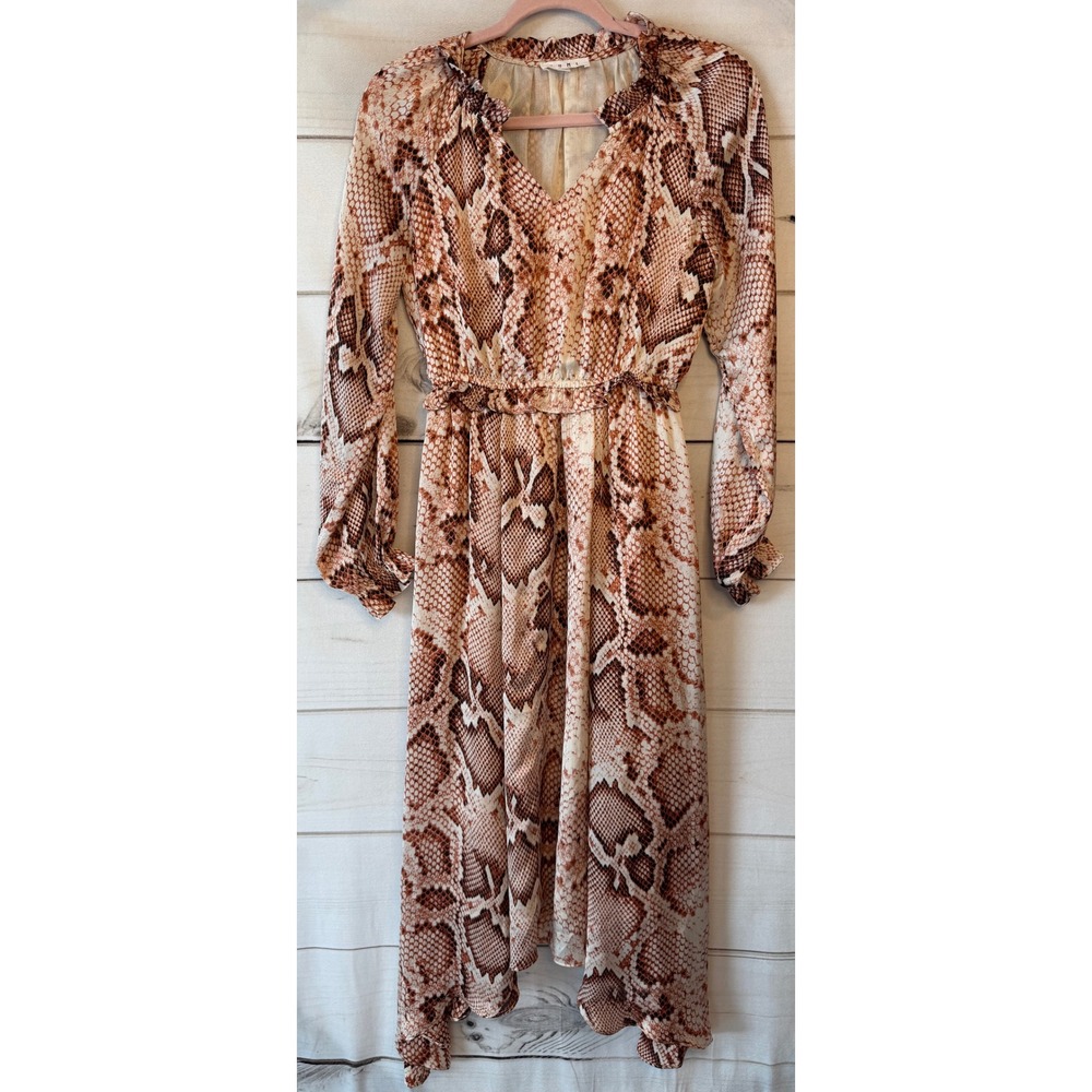 THML Snakeskin Print Midi Dress Brown Ruffle Long Sleeve XS WCT613-ST